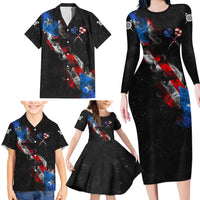 American Flag Smoke Trail Family Matching Long Sleeve Bodycon Dress and Hawaiian Shirt with Dartboard and Crossed Darts Graphic Design - Wonder Print Shop