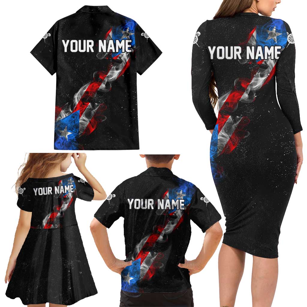 American Flag Smoke Trail Family Matching Long Sleeve Bodycon Dress and Hawaiian Shirt with Dartboard and Crossed Darts Graphic Design - Wonder Print Shop