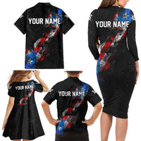 American Flag Smoke Trail Family Matching Long Sleeve Bodycon Dress and Hawaiian Shirt with Dartboard and Crossed Darts Graphic Design - Wonder Print Shop