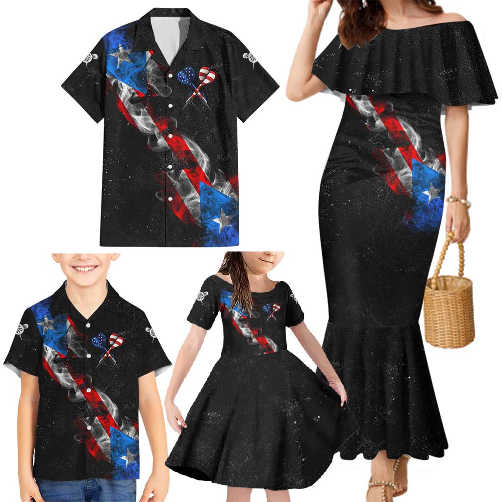 American Flag Smoke Trail Family Matching Mermaid Dress and Hawaiian Shirt with Dartboard and Crossed Darts Graphic Design - Wonder Print Shop