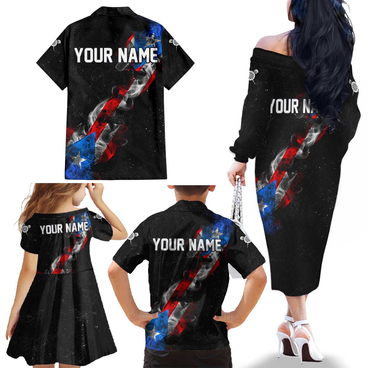 American Flag Smoke Trail Family Matching Off The Shoulder Long Sleeve Dress and Hawaiian Shirt with Dartboard and Crossed Darts Graphic Design - Wonder Print Shop