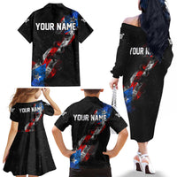 American Flag Smoke Trail Family Matching Off The Shoulder Long Sleeve Dress and Hawaiian Shirt with Dartboard and Crossed Darts Graphic Design - Wonder Print Shop