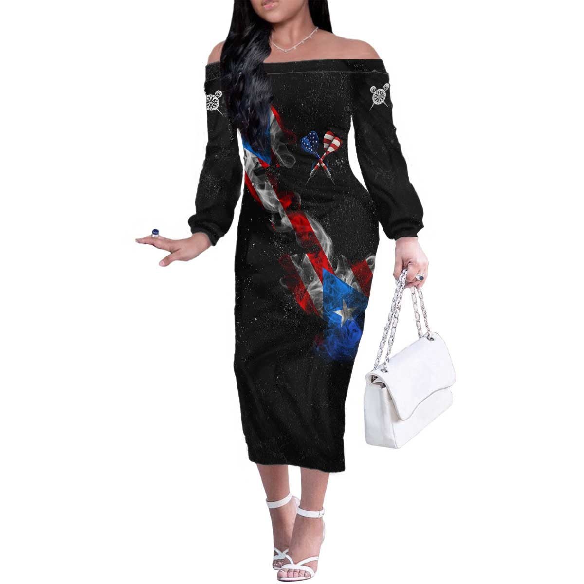 American Flag Smoke Trail Family Matching Off The Shoulder Long Sleeve Dress and Hawaiian Shirt with Dartboard and Crossed Darts Graphic Design - Wonder Print Shop