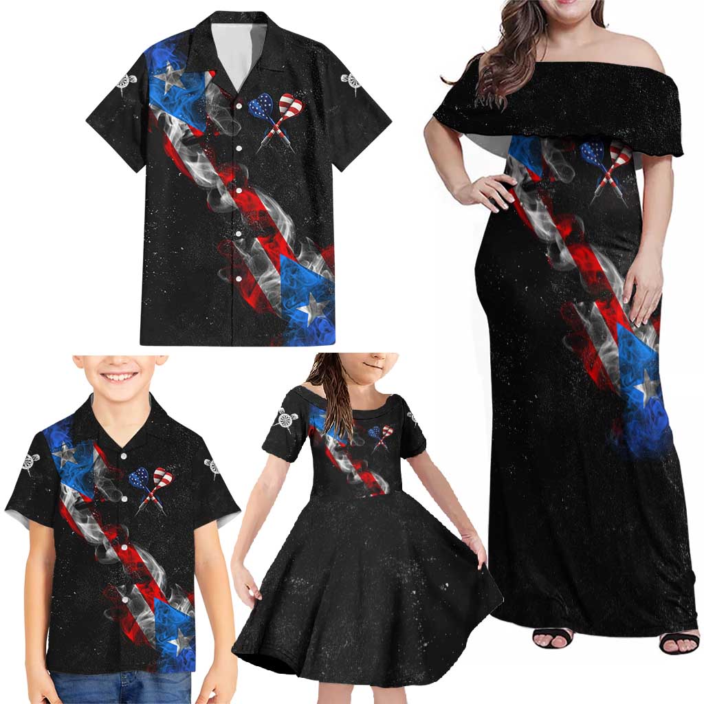American Flag Smoke Trail Family Matching Off Shoulder Maxi Dress and Hawaiian Shirt with Dartboard and Crossed Darts Graphic Design - Wonder Print Shop