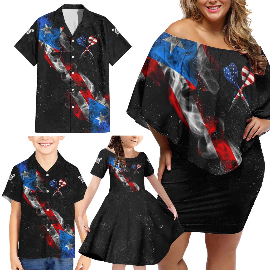 American Flag Smoke Trail Family Matching Off Shoulder Short Dress and Hawaiian Shirt with Dartboard and Crossed Darts Graphic Design - Wonder Print Shop