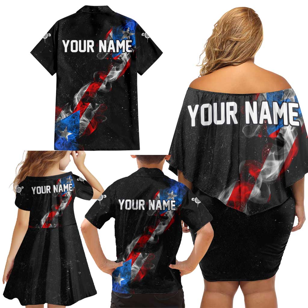 American Flag Smoke Trail Family Matching Off Shoulder Short Dress and Hawaiian Shirt with Dartboard and Crossed Darts Graphic Design - Wonder Print Shop