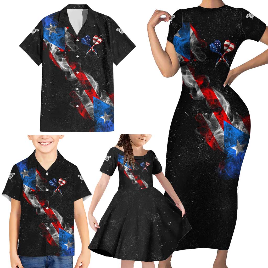 American Flag Smoke Trail Family Matching Short Sleeve Bodycon Dress and Hawaiian Shirt with Dartboard and Crossed Darts Graphic Design - Wonder Print Shop