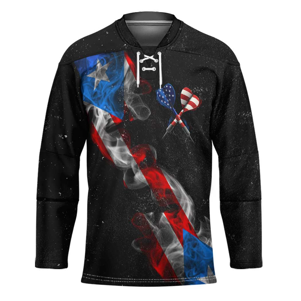 American Flag Smoke Trail Hockey Jersey with Dartboard and Crossed Darts Graphic Design - Wonder Print Shop