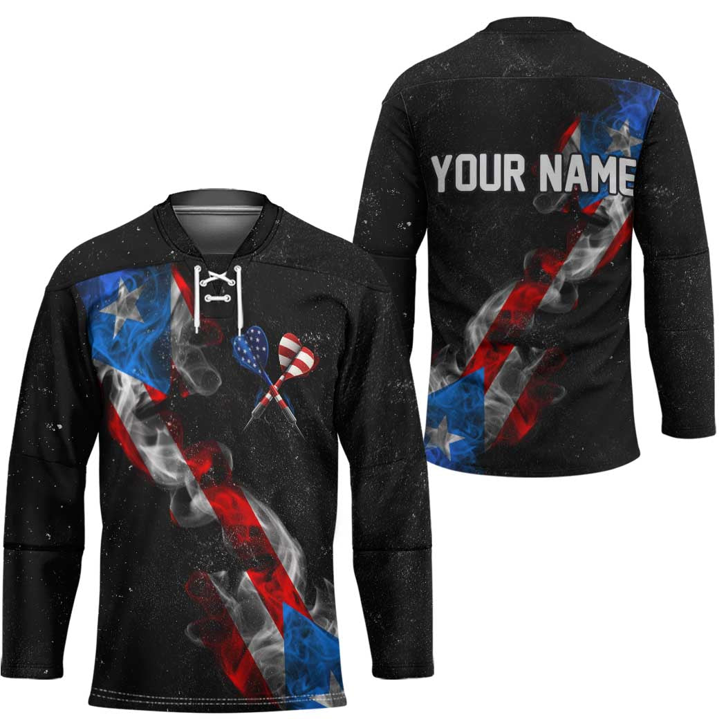 American Flag Smoke Trail Hockey Jersey with Dartboard and Crossed Darts Graphic Design - Wonder Print Shop