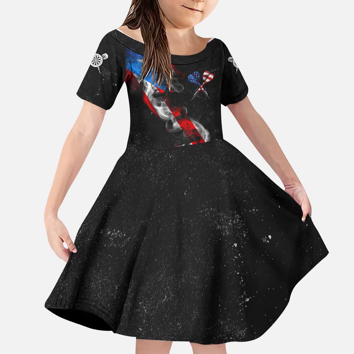 American Flag Smoke Trail Kid Short Sleeve Dress with Dartboard and Crossed Darts Graphic Design - Wonder Print Shop