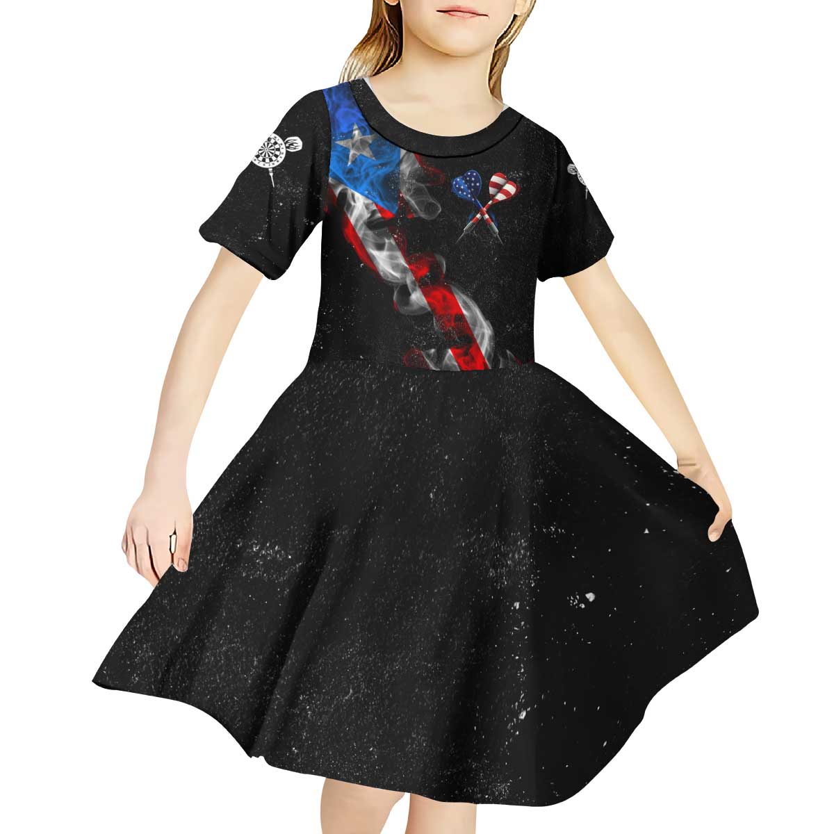 American Flag Smoke Trail Kid Short Sleeve Dress with Dartboard and Crossed Darts Graphic Design - Wonder Print Shop