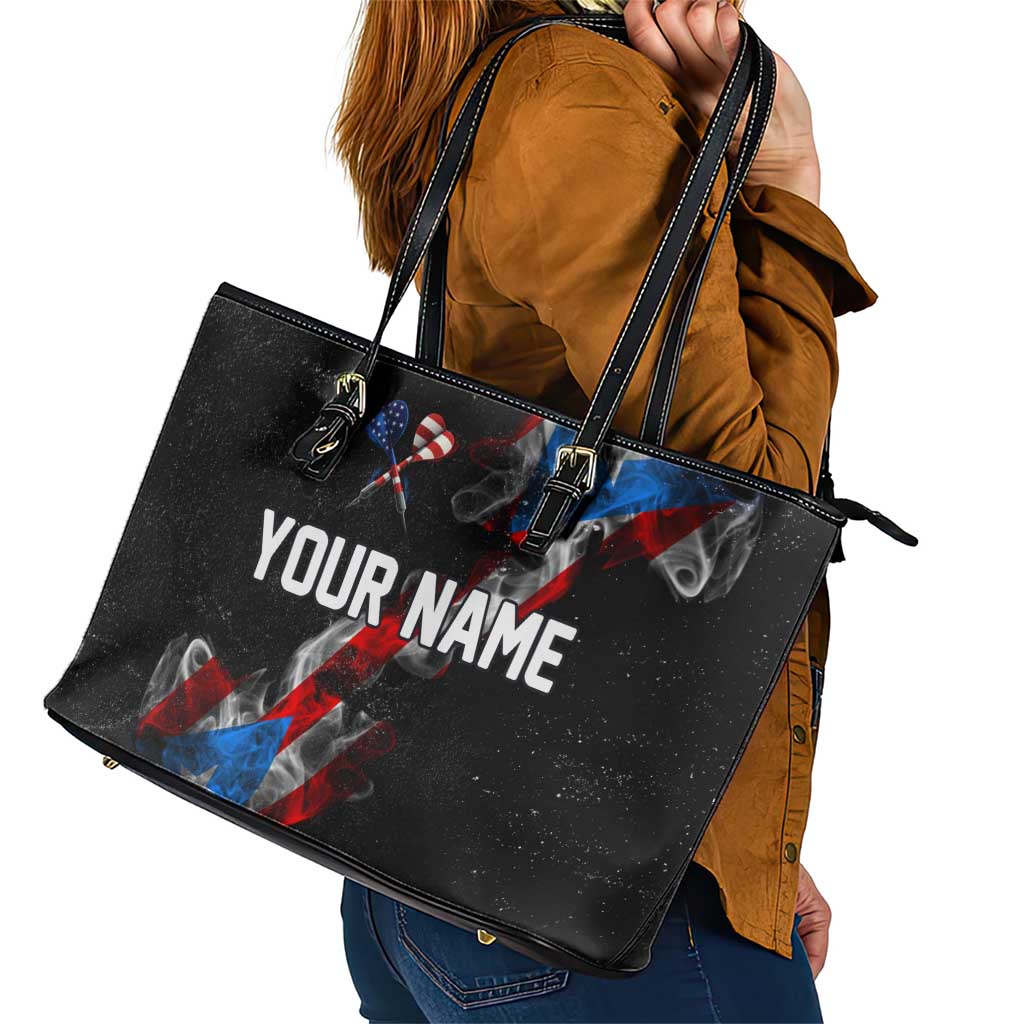 American Flag Smoke Trail Leather Tote Bag with Dartboard and Crossed Darts Graphic Design - Wonder Print Shop