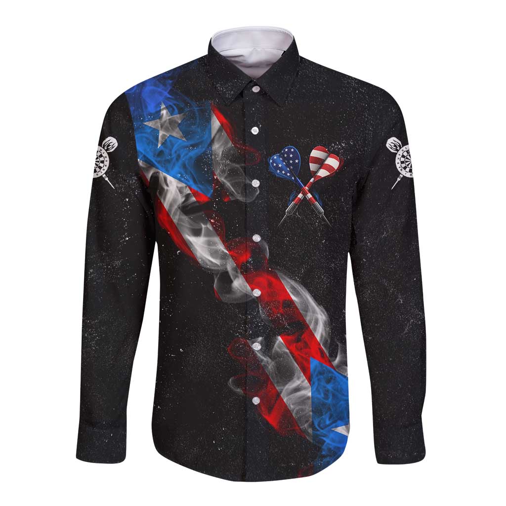 American Flag Smoke Trail Long Sleeve Button Shirt with Dartboard and Crossed Darts Graphic Design - Wonder Print Shop