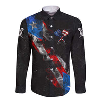 American Flag Smoke Trail Long Sleeve Button Shirt with Dartboard and Crossed Darts Graphic Design - Wonder Print Shop