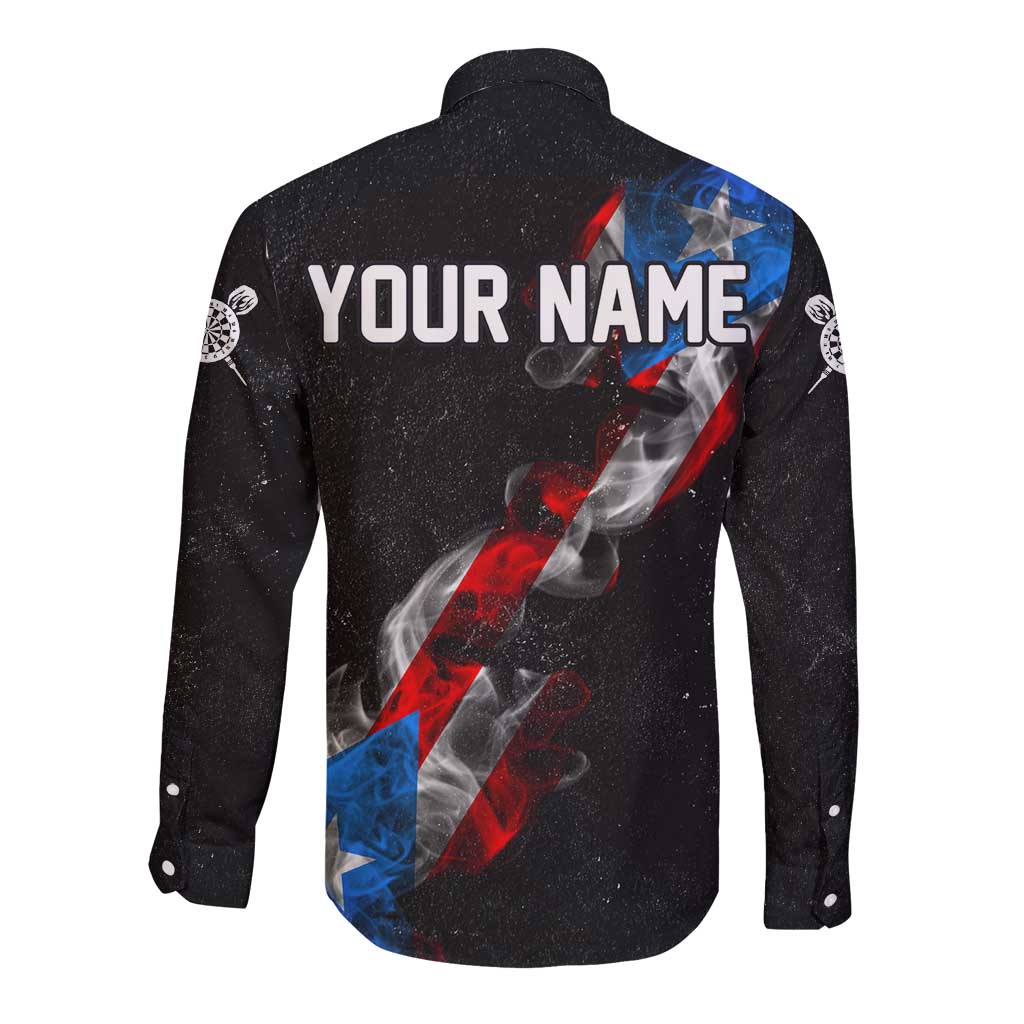 American Flag Smoke Trail Long Sleeve Button Shirt with Dartboard and Crossed Darts Graphic Design - Wonder Print Shop