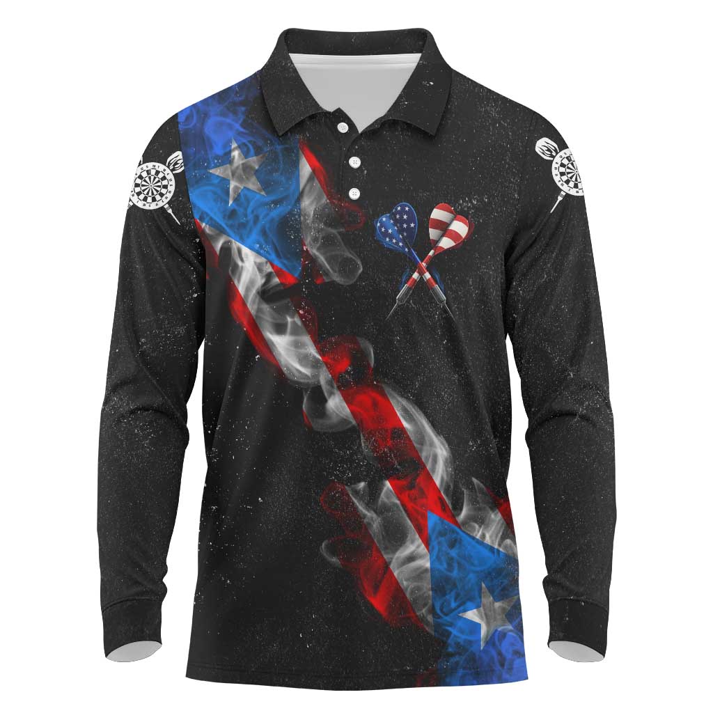American Flag Smoke Trail Long Sleeve Polo Shirt with Dartboard and Crossed Darts Graphic Design - Wonder Print Shop