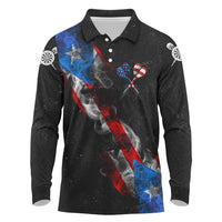 American Flag Smoke Trail Long Sleeve Polo Shirt with Dartboard and Crossed Darts Graphic Design - Wonder Print Shop