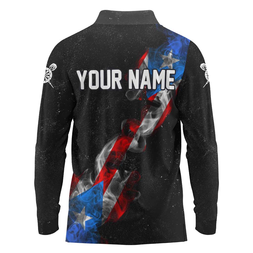 American Flag Smoke Trail Long Sleeve Polo Shirt with Dartboard and Crossed Darts Graphic Design - Wonder Print Shop