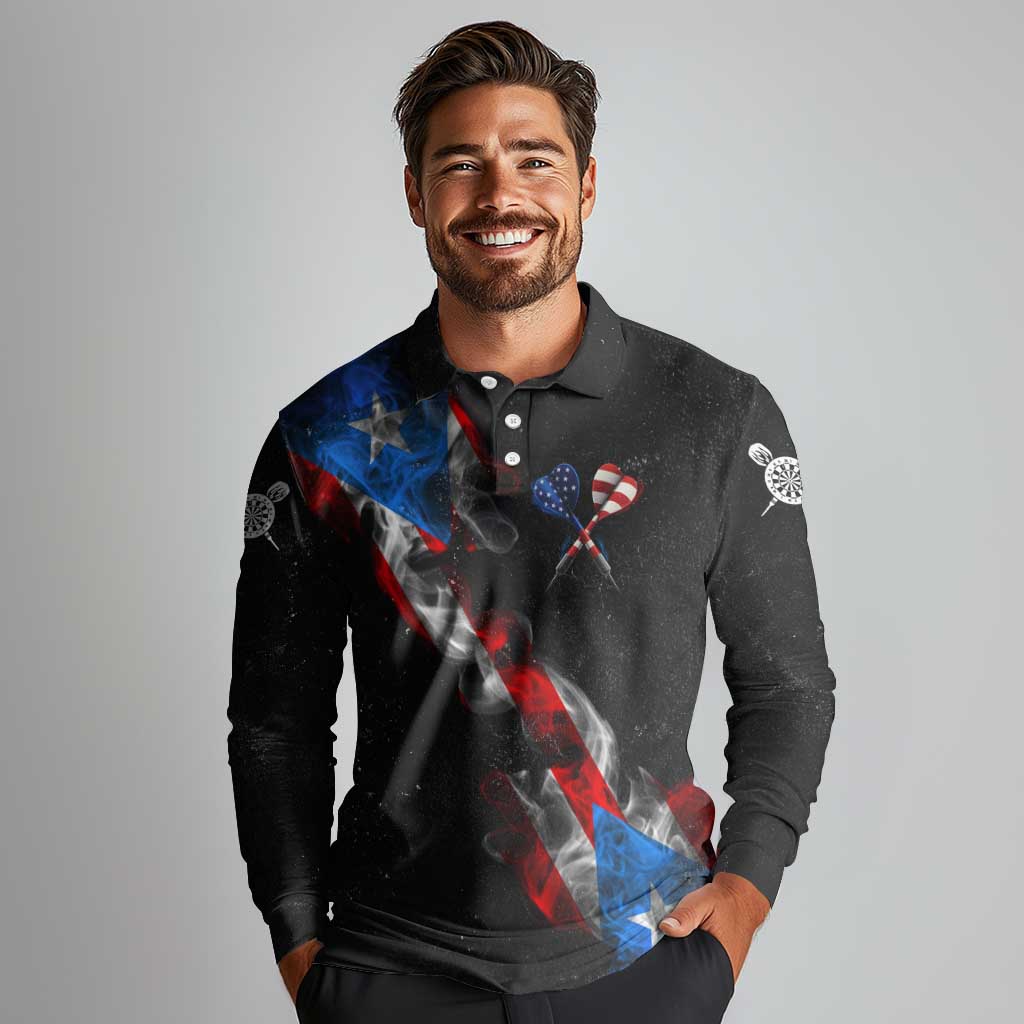 American Flag Smoke Trail Long Sleeve Polo Shirt with Dartboard and Crossed Darts Graphic Design - Wonder Print Shop