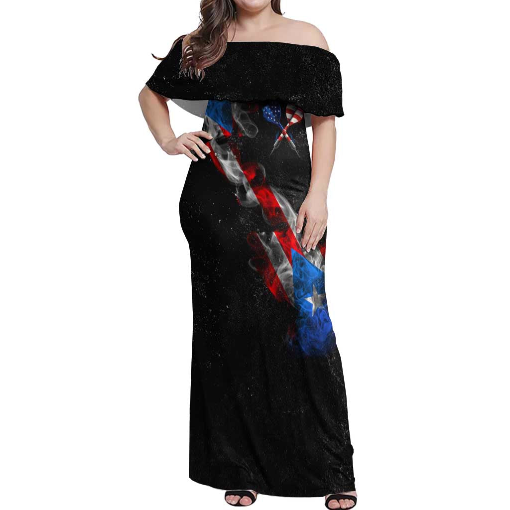 American Flag Smoke Trail Off Shoulder Maxi Dress with Dartboard and Crossed Darts Graphic Design - Wonder Print Shop