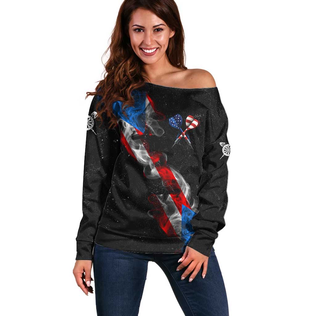 American Flag Smoke Trail Off Shoulder Sweater with Dartboard and Crossed Darts Graphic Design - Wonder Print Shop