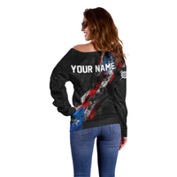 American Flag Smoke Trail Off Shoulder Sweater with Dartboard and Crossed Darts Graphic Design - Wonder Print Shop