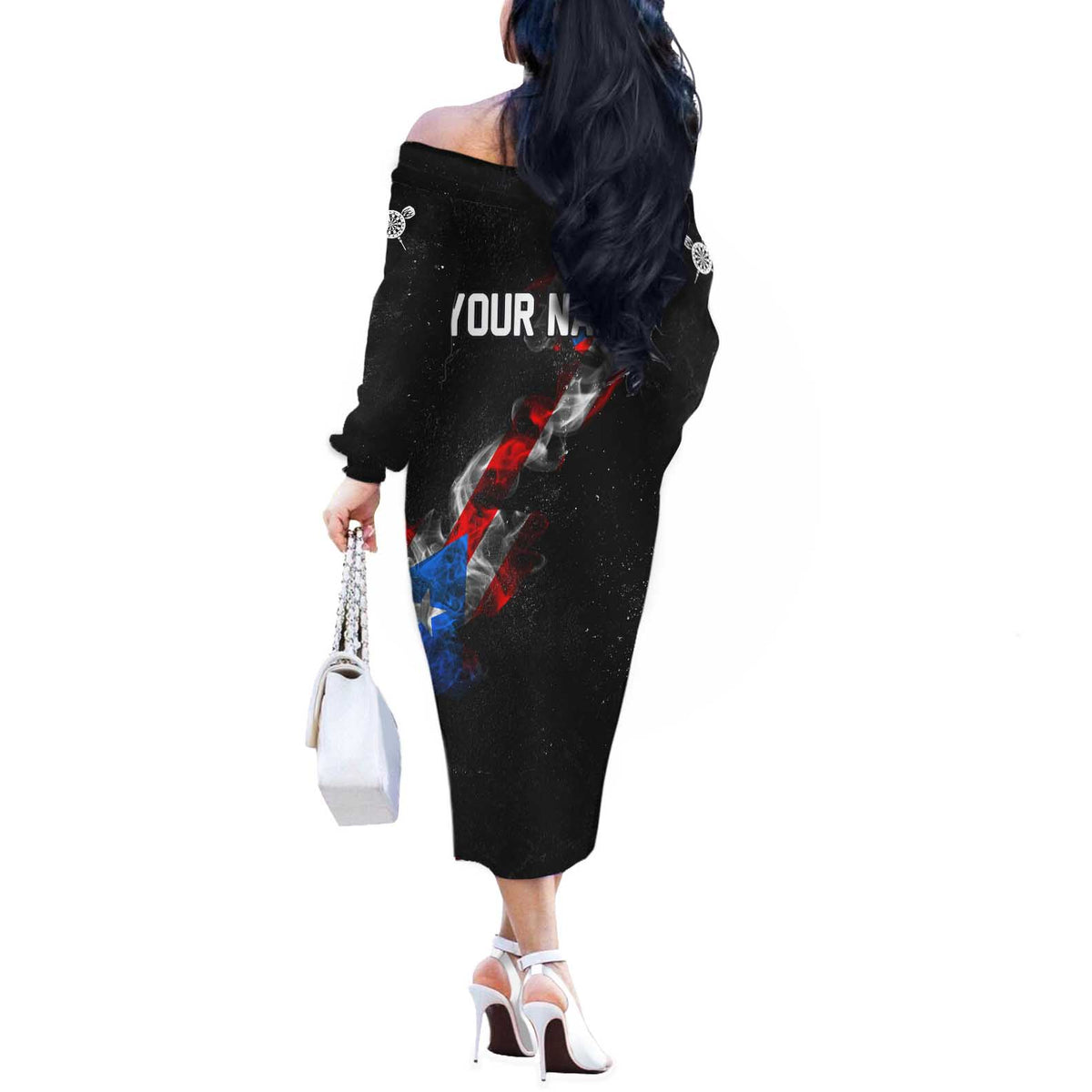 American Flag Smoke Trail Off The Shoulder Long Sleeve Dress with Dartboard and Crossed Darts Graphic Design - Wonder Print Shop