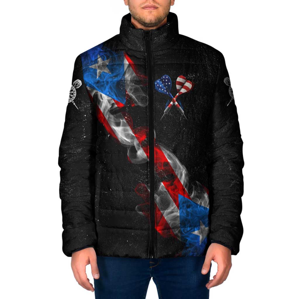 American Flag Smoke Trail Padded Jacket with Dartboard and Crossed Darts Graphic Design - Wonder Print Shop