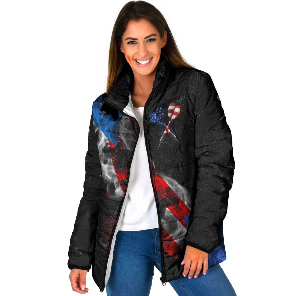 American Flag Smoke Trail Padded Jacket with Dartboard and Crossed Darts Graphic Design - Wonder Print Shop