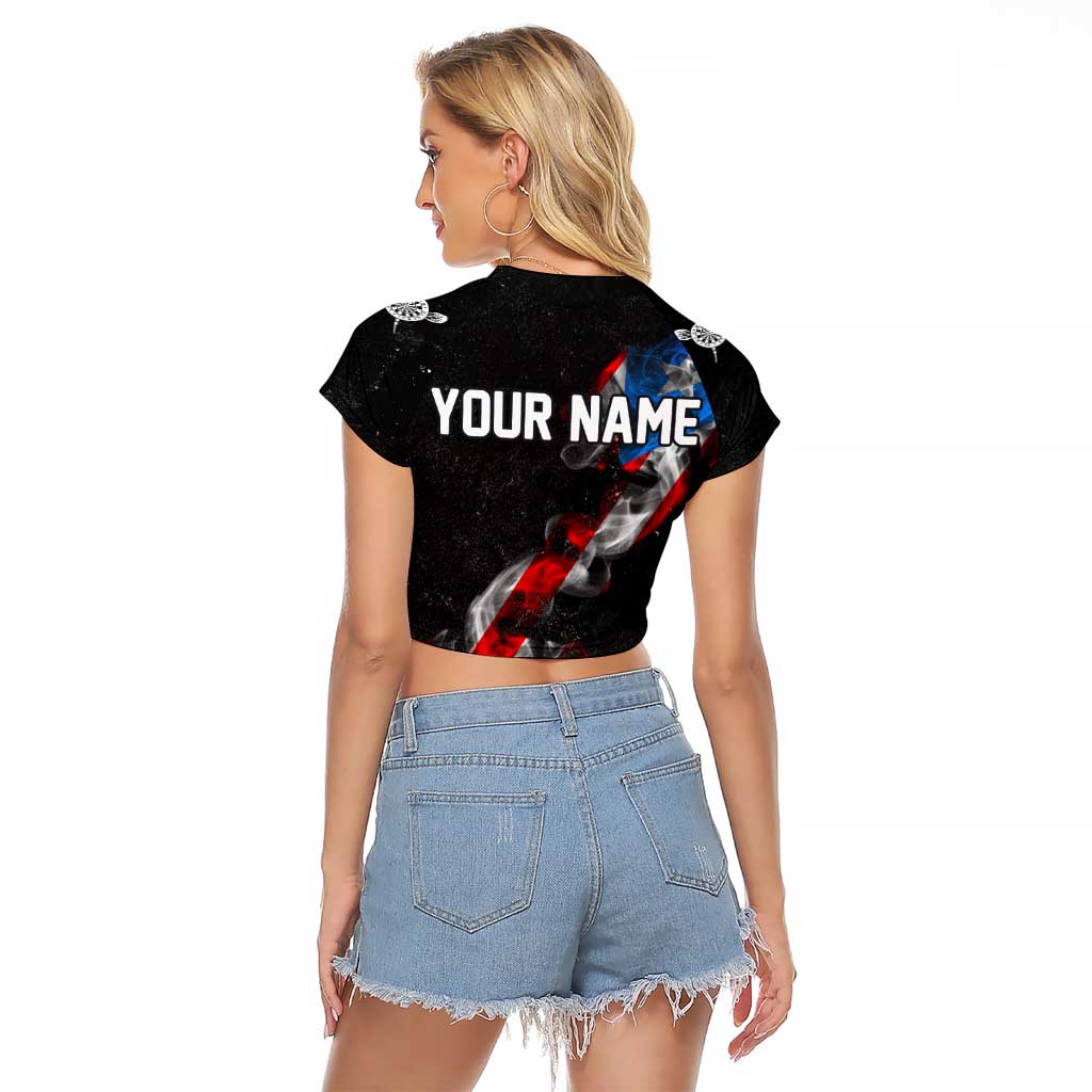 American Flag Smoke Trail Raglan Cropped T Shirt with Dartboard and Crossed Darts Graphic Design - Wonder Print Shop