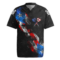American Flag Smoke Trail Rugby Jersey with Dartboard and Crossed Darts Graphic Design - Wonder Print Shop