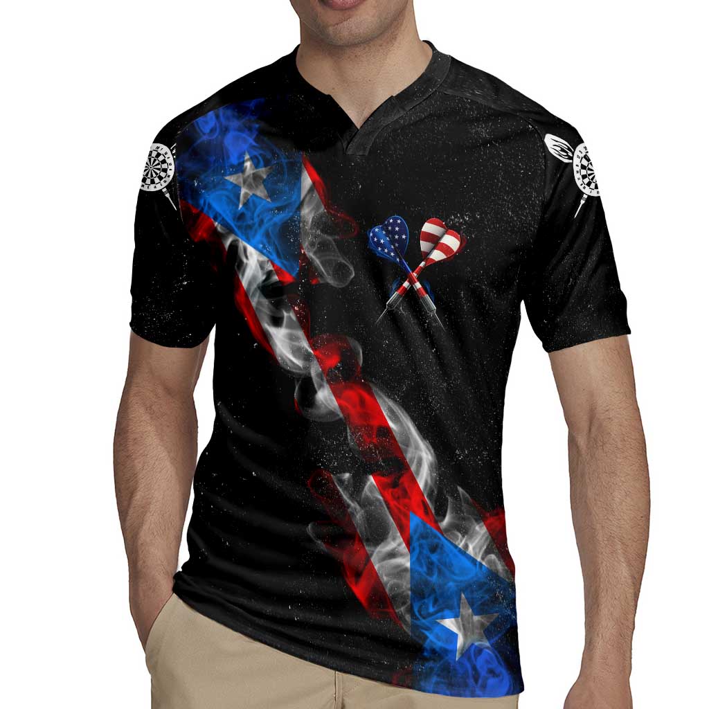 American Flag Smoke Trail Rugby Jersey with Dartboard and Crossed Darts Graphic Design - Wonder Print Shop