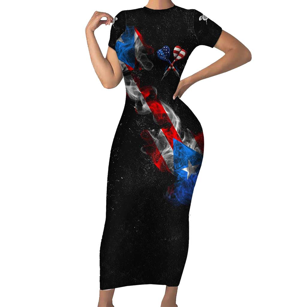 American Flag Smoke Trail Short Sleeve Bodycon Dress with Dartboard and Crossed Darts Graphic Design - Wonder Print Shop
