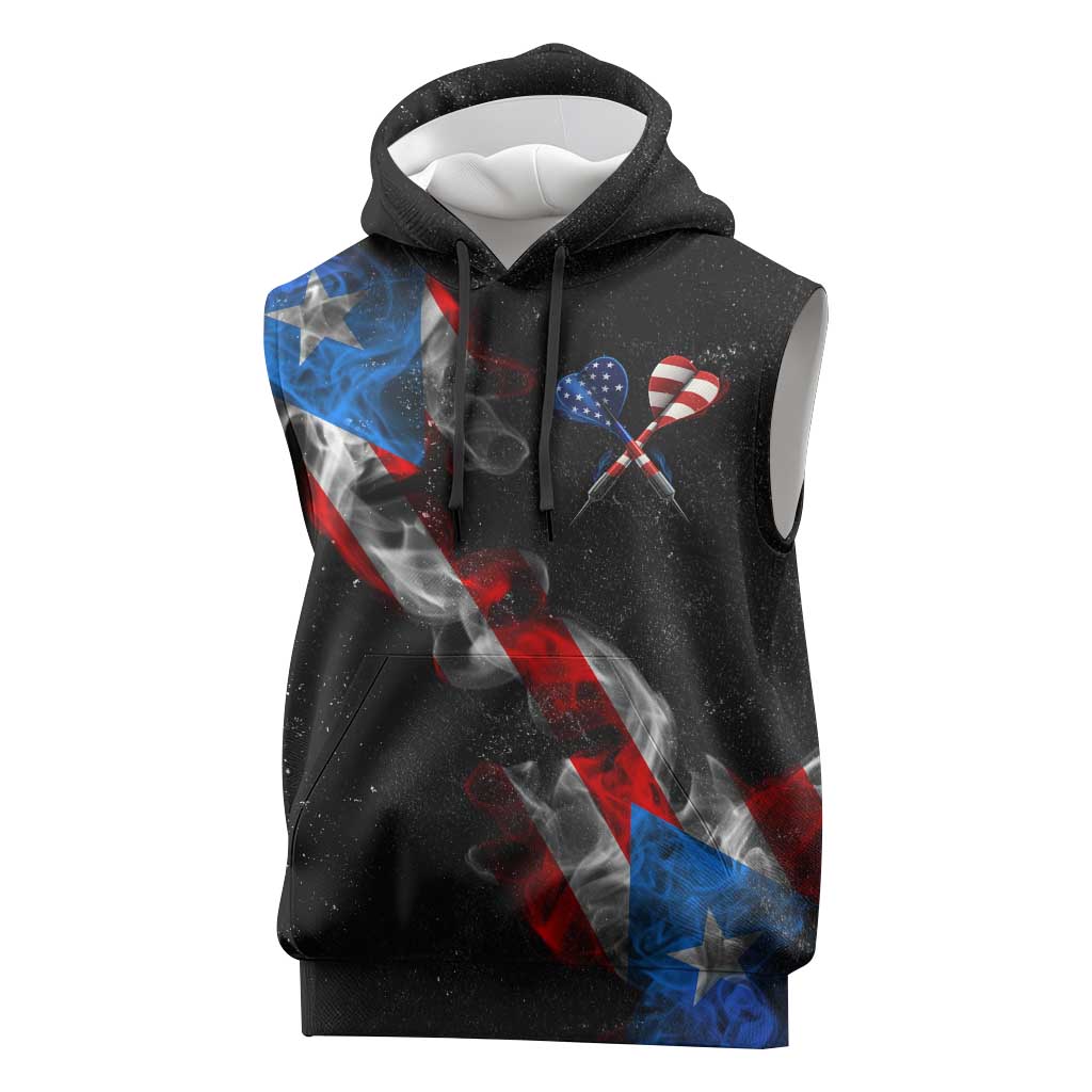 American Flag Smoke Trail Sleeveless Hoodie with Dartboard and Crossed Darts Graphic Design - Wonder Print Shop
