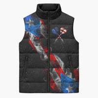 American Flag Smoke Trail Sleeveless Puffer Jacket with Dartboard and Crossed Darts Graphic Design - Wonder Print Shop