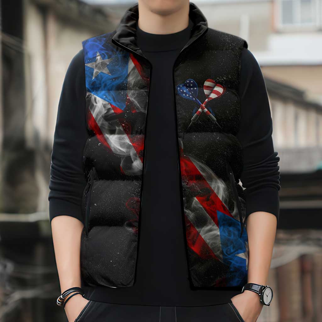 American Flag Smoke Trail Sleeveless Puffer Jacket with Dartboard and Crossed Darts Graphic Design - Wonder Print Shop