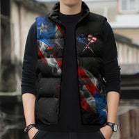 American Flag Smoke Trail Sleeveless Puffer Jacket with Dartboard and Crossed Darts Graphic Design - Wonder Print Shop