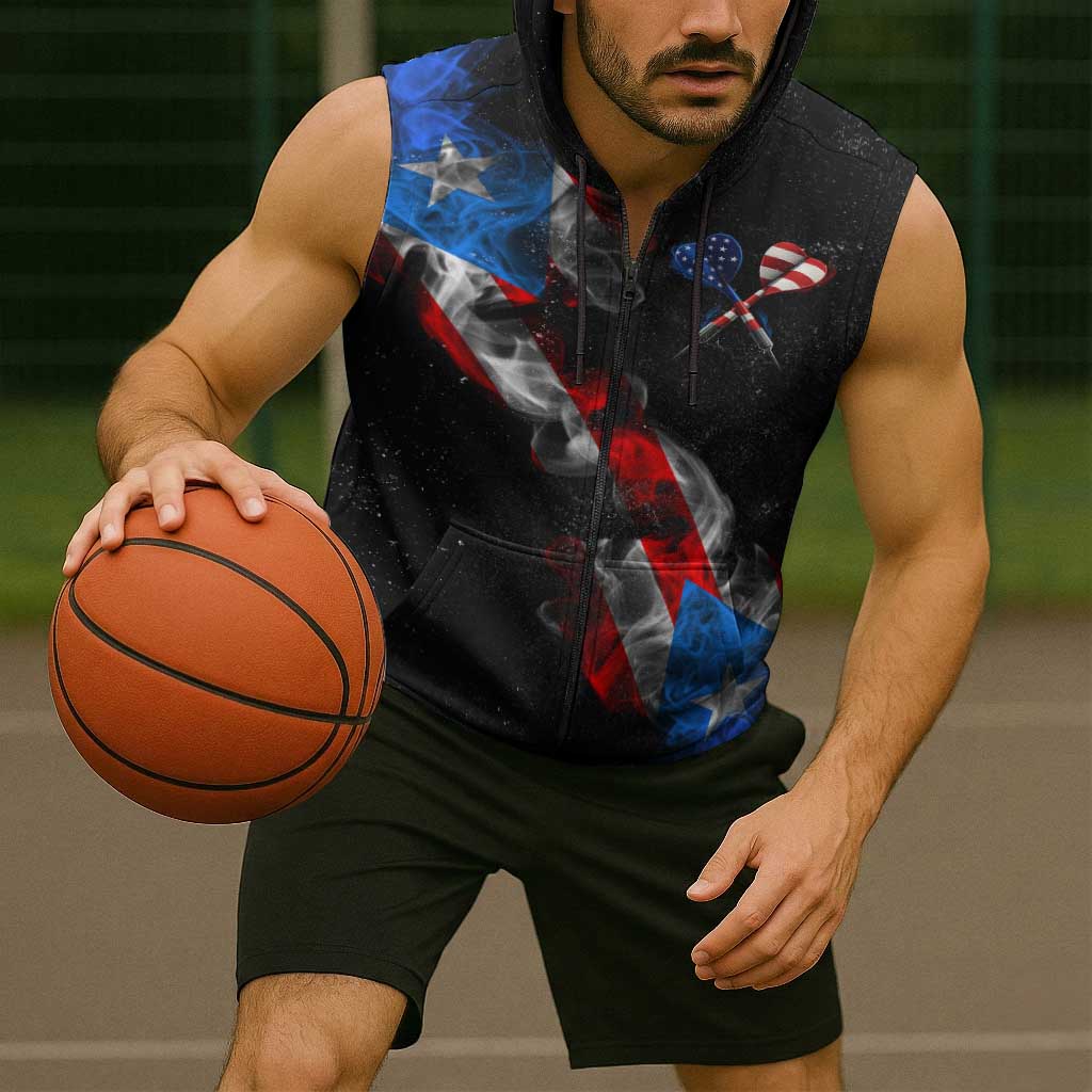 American Flag Smoke Trail Sleeveless Zip Hoodie with Dartboard and Crossed Darts Graphic Design - Wonder Print Shop
