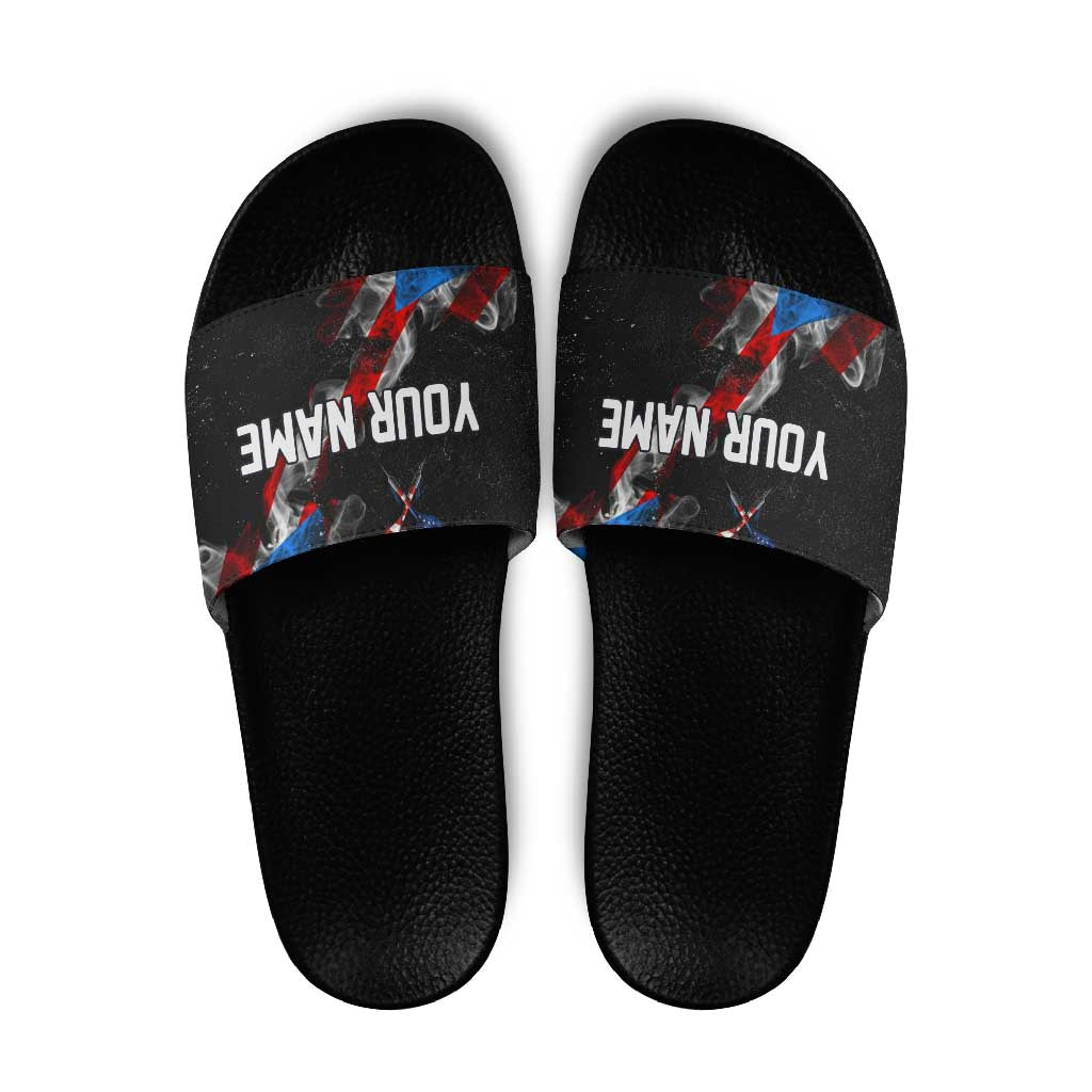 American Flag Smoke Trail Slide Sandals with Dartboard and Crossed Darts Graphic Design - Wonder Print Shop