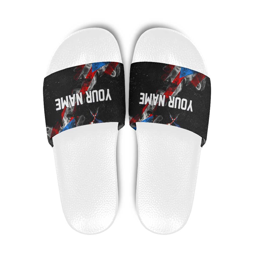 American Flag Smoke Trail Slide Sandals with Dartboard and Crossed Darts Graphic Design - Wonder Print Shop