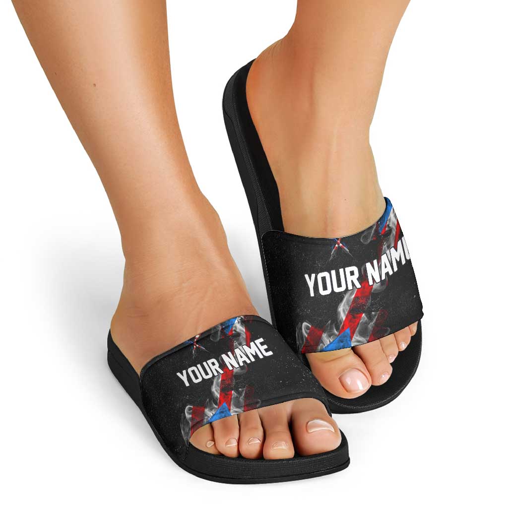 American Flag Smoke Trail Slide Sandals with Dartboard and Crossed Darts Graphic Design - Wonder Print Shop
