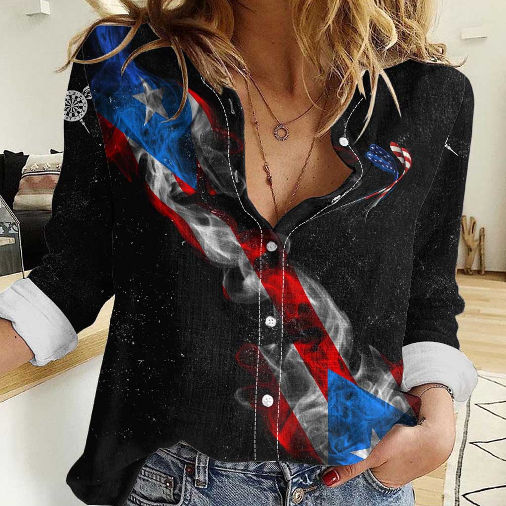 American Flag Smoke Trail Women Casual Shirt with Dartboard and Crossed Darts Graphic Design - Wonder Print Shop
