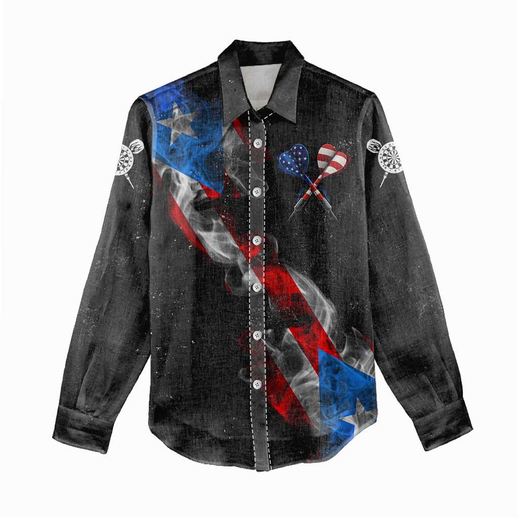 American Flag Smoke Trail Women Casual Shirt with Dartboard and Crossed Darts Graphic Design - Wonder Print Shop
