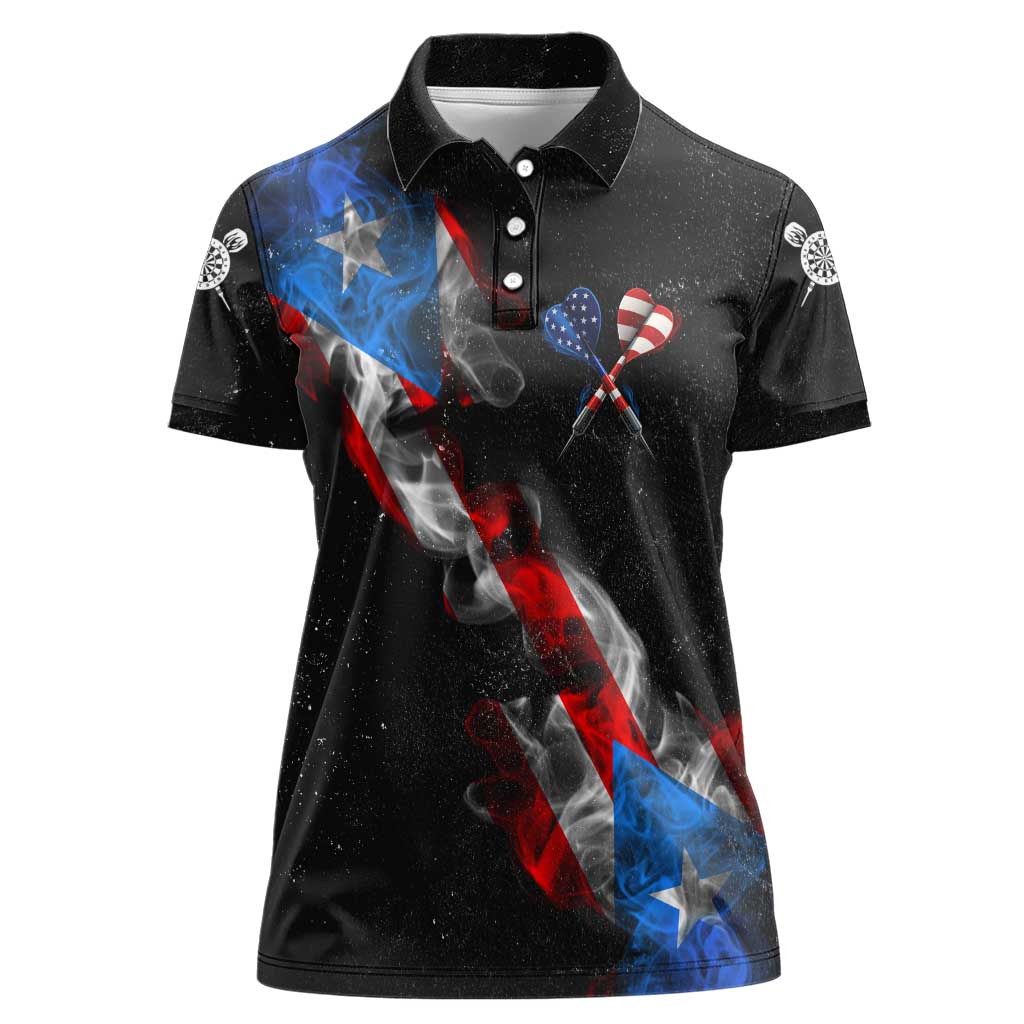 American Flag Smoke Trail Women Polo Shirt with Dartboard and Crossed Darts Graphic Design - Wonder Print Shop
