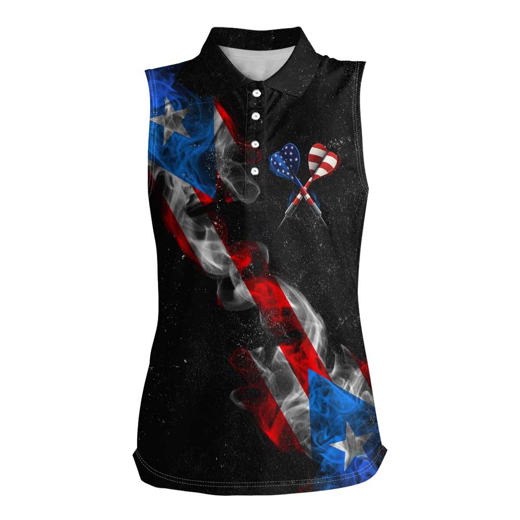 American Flag Smoke Trail Women Sleeveless Polo Shirt with Dartboard and Crossed Darts Graphic Design - Wonder Print Shop