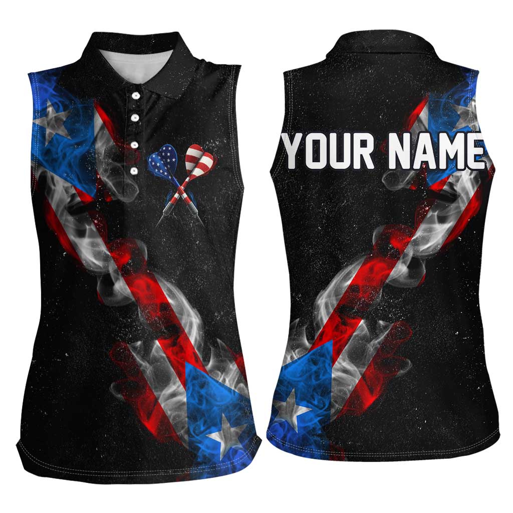American Flag Smoke Trail Women Sleeveless Polo Shirt with Dartboard and Crossed Darts Graphic Design - Wonder Print Shop