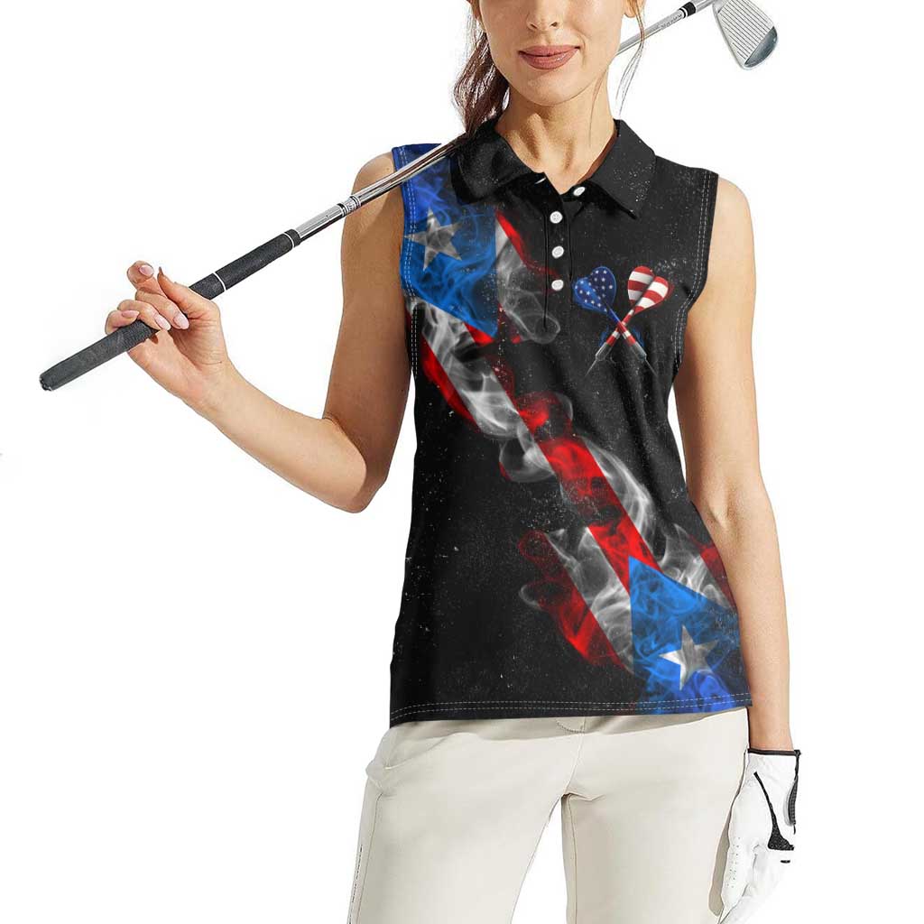 American Flag Smoke Trail Women Sleeveless Polo Shirt with Dartboard and Crossed Darts Graphic Design - Wonder Print Shop