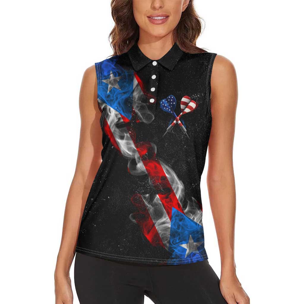 American Flag Smoke Trail Women Sleeveless Polo Shirt with Dartboard and Crossed Darts Graphic Design - Wonder Print Shop