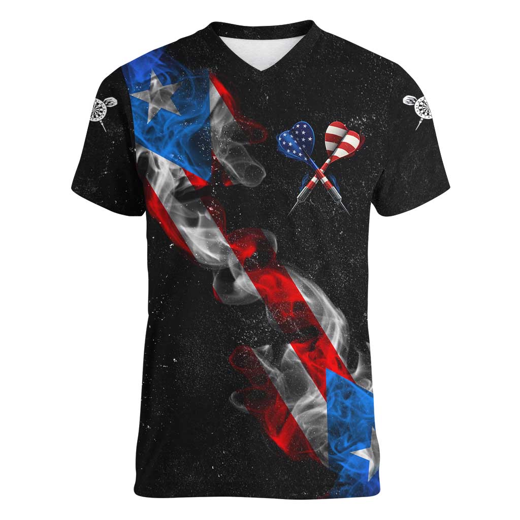 American Flag Smoke Trail Women V-Neck T-Shirt with Dartboard and Crossed Darts Graphic Design - Wonder Print Shop
