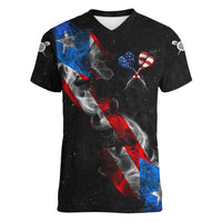American Flag Smoke Trail Women V-Neck T-Shirt with Dartboard and Crossed Darts Graphic Design - Wonder Print Shop